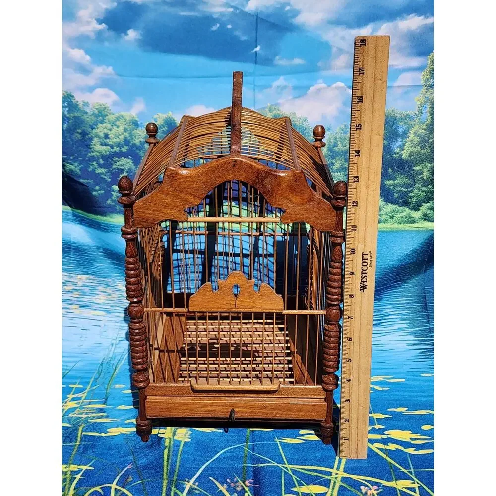 Vintage Asian Wooden Bird Cage Teak or Bamboo Bird Cage 19th Century W/ Tray